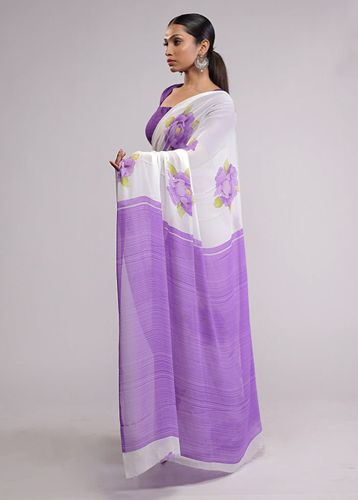 White Chiffon Silk Saree With Blouse Piece
