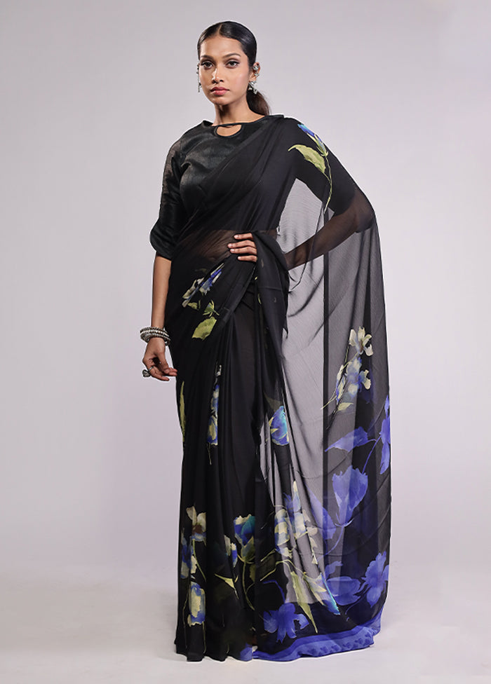 Black Chiffon Silk Saree With Blouse Piece