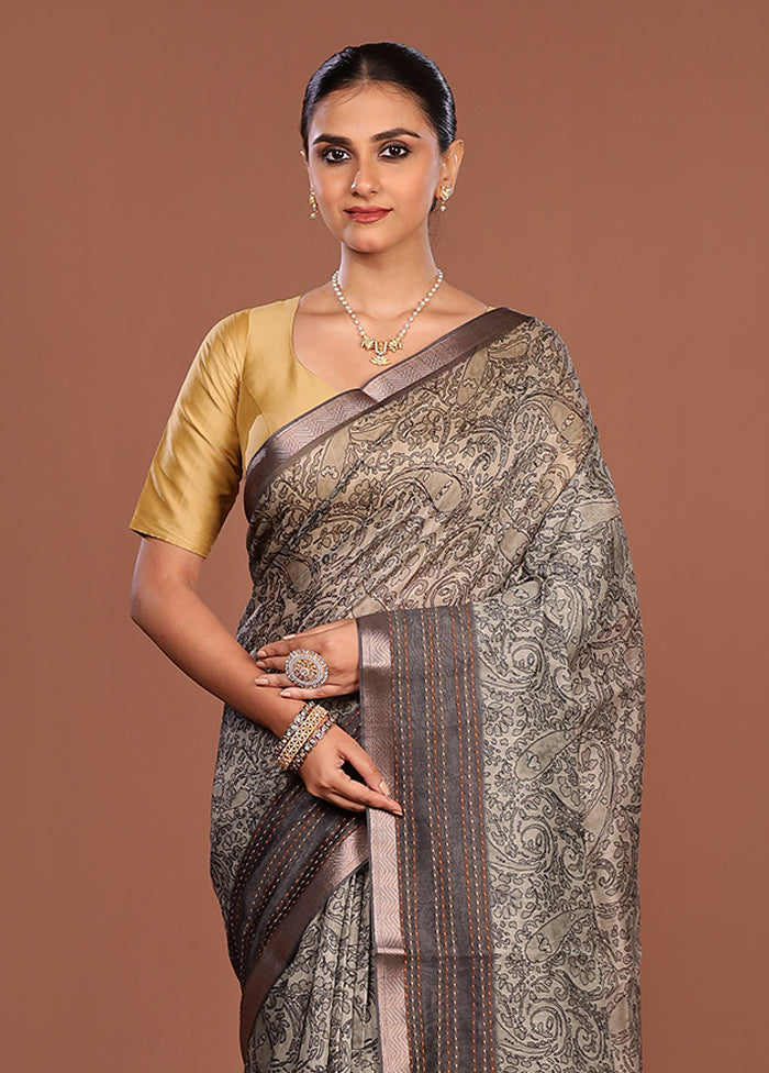 Grey Tussar Silk Saree With Blouse Piece