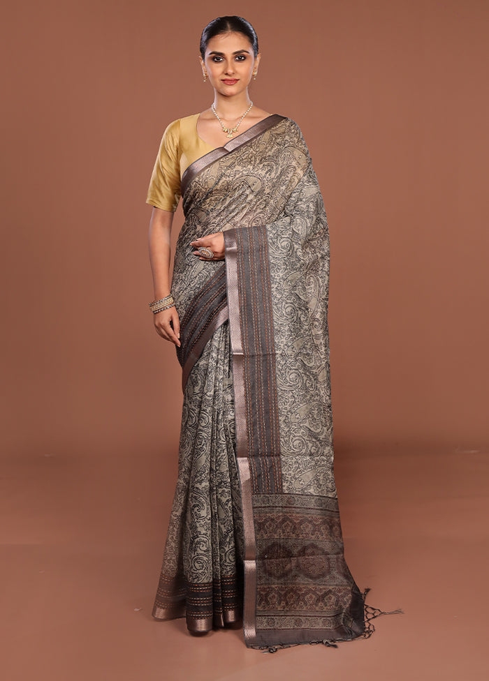 Grey Tussar Silk Saree With Blouse Piece