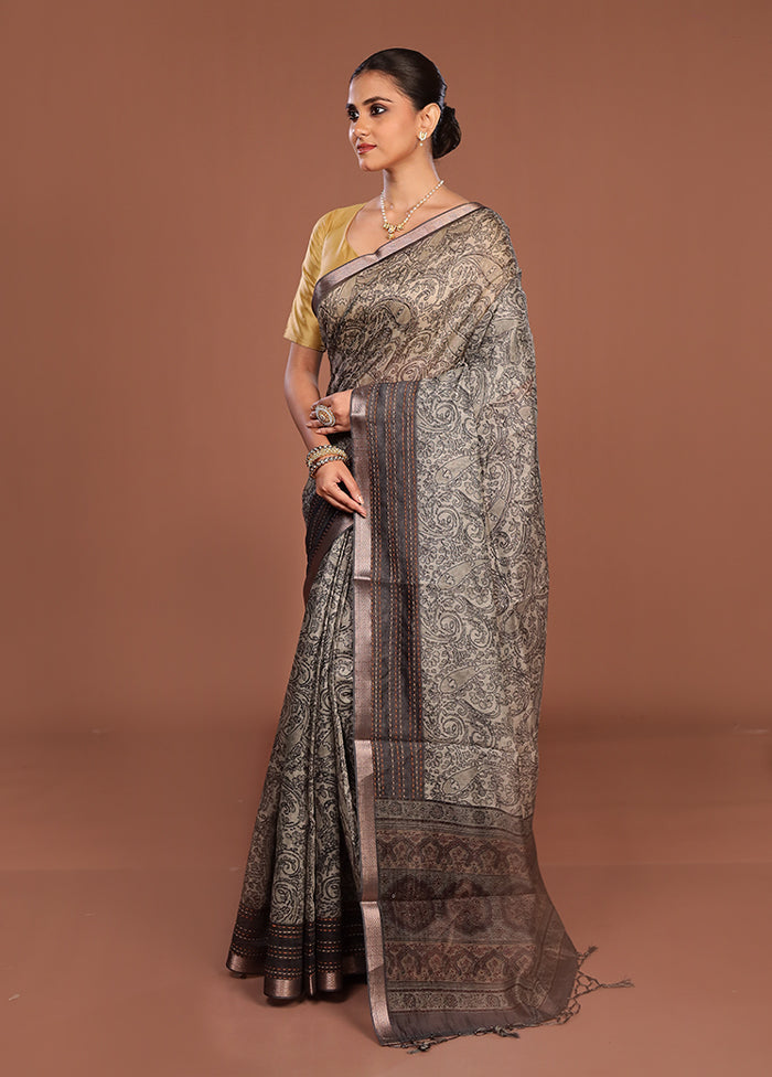 Grey Tussar Silk Saree With Blouse Piece