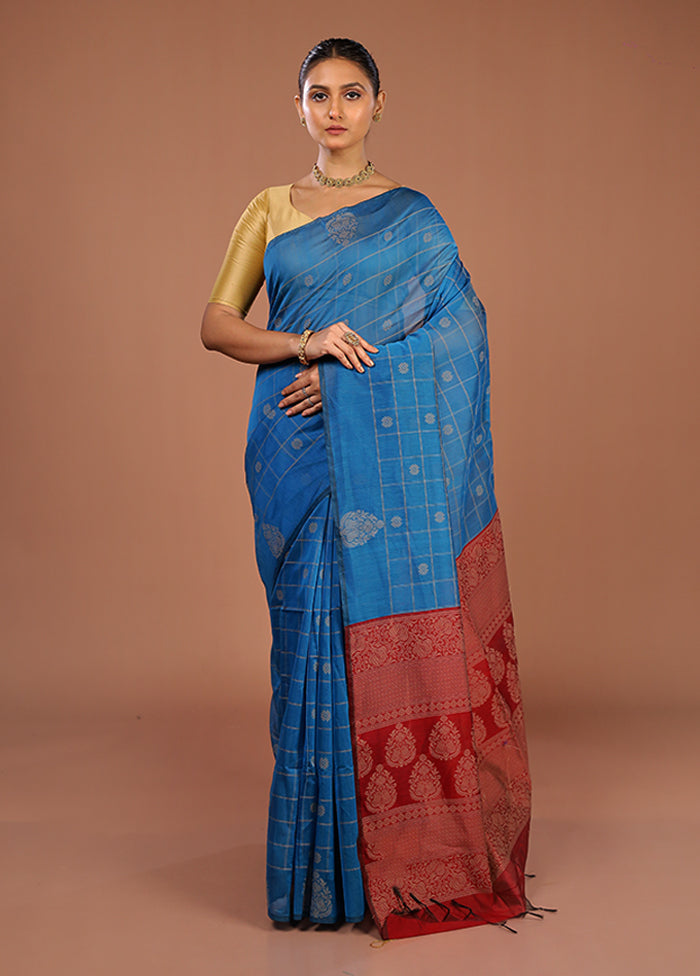 Blue Cotton Saree With Blouse Piece