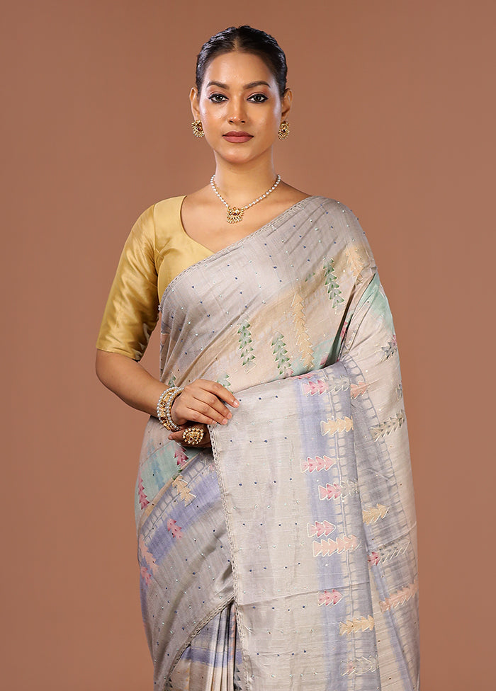 Blue Tussar Silk Saree With Blouse Piece