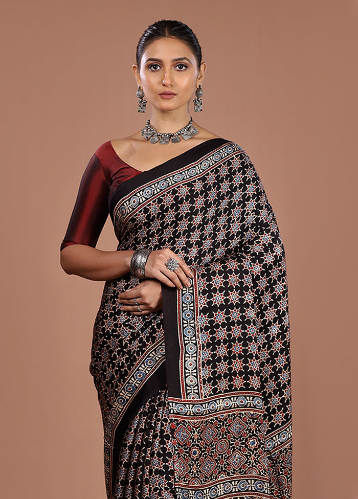 Black Printed Pure Silk Saree Without Blouse Piece
