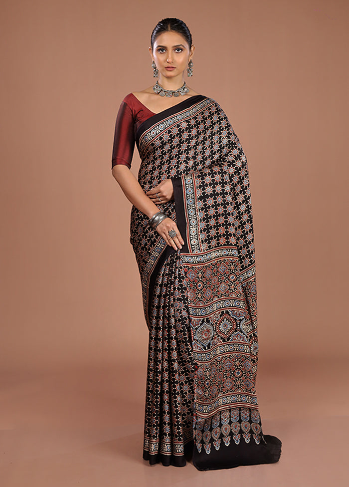 Black Printed Pure Silk Saree Without Blouse Piece