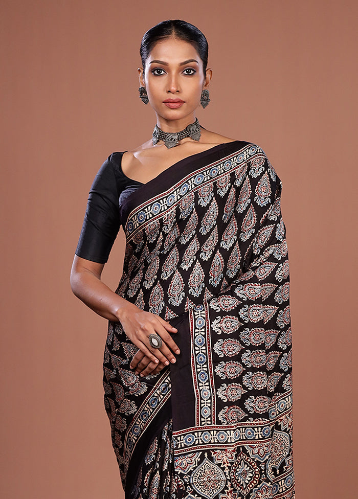 Black Printed Pure Silk Saree Without Blouse Piece
