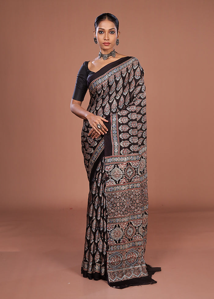Black Printed Pure Silk Saree Without Blouse Piece
