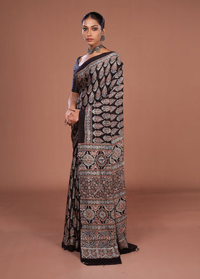 Black Printed Pure Silk Saree Without Blouse Piece