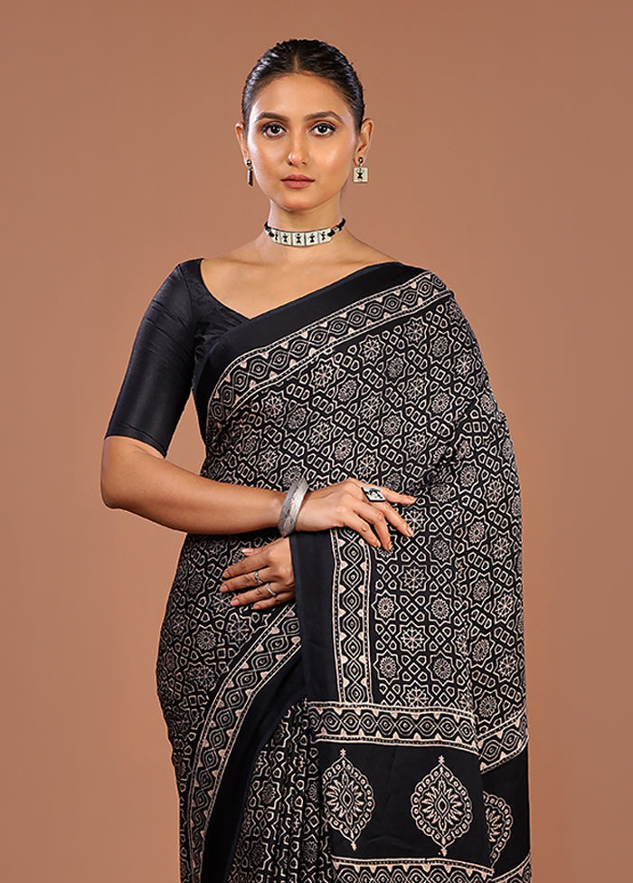 Black Printed Pure Silk Saree Without Blouse Piece