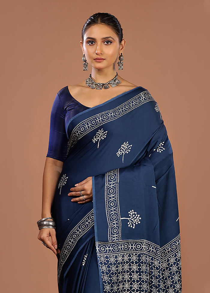 Blue Printed Pure Silk Saree Without Blouse Piece