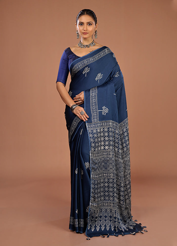 Blue Printed Pure Silk Saree Without Blouse Piece