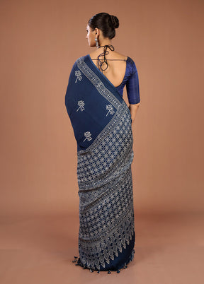 Blue Printed Pure Silk Saree Without Blouse Piece