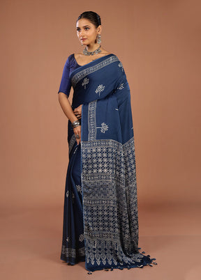 Blue Printed Pure Silk Saree Without Blouse Piece