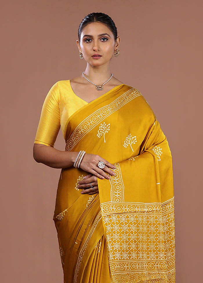 Yellow Printed Pure Silk Saree Without Blouse Piece