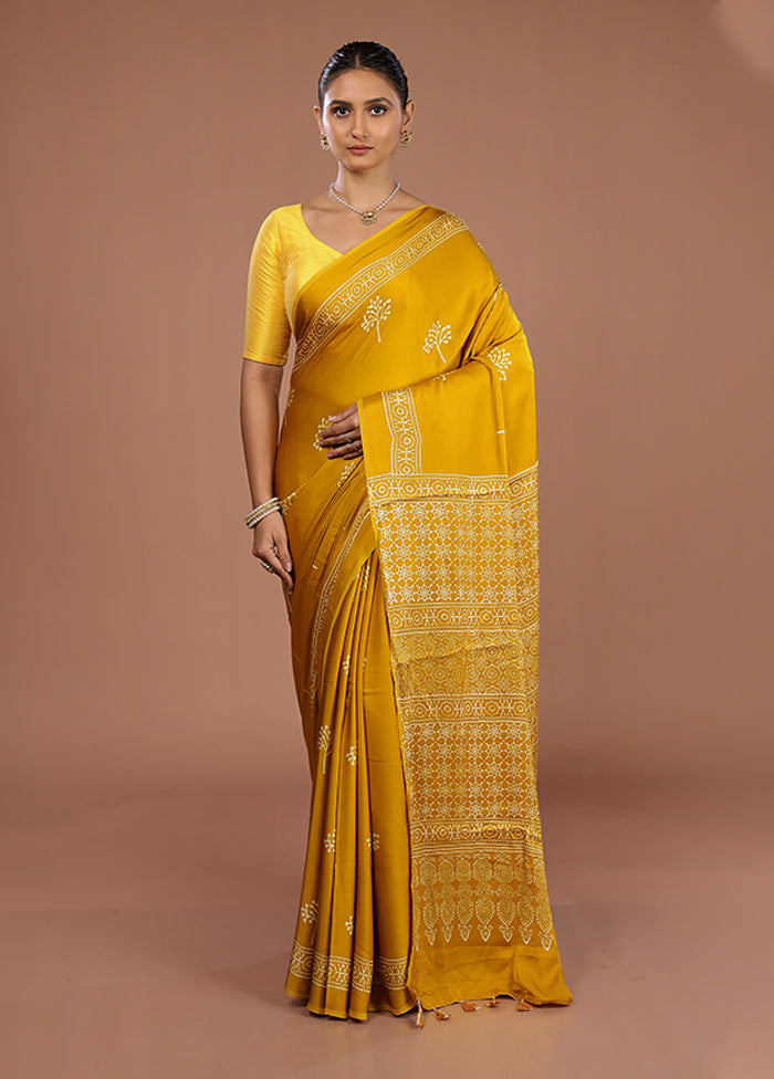 Yellow Printed Pure Silk Saree Without Blouse Piece