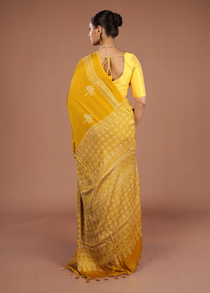 Yellow Printed Pure Silk Saree Without Blouse Piece