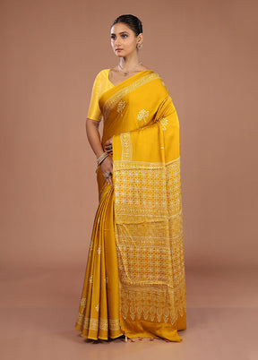 Yellow Printed Pure Silk Saree Without Blouse Piece