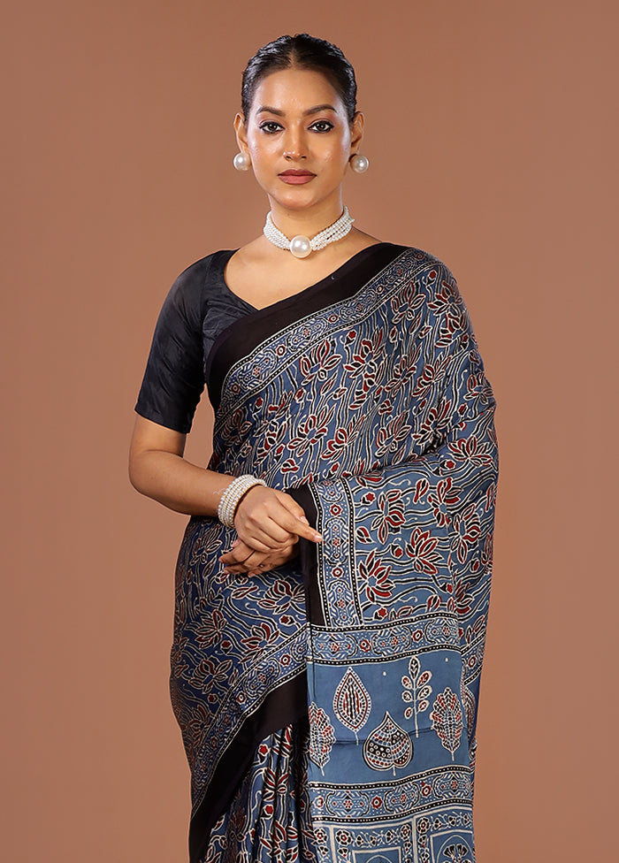 Blue Printed Pure Silk Saree Without Blouse Piece