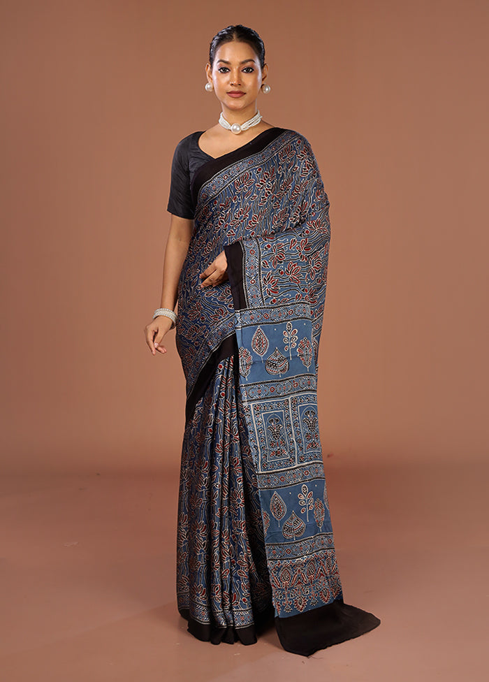 Blue Printed Pure Silk Saree Without Blouse Piece