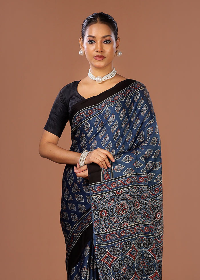 Blue Printed Pure Silk Saree Without Blouse Piece
