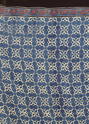 Blue Printed Pure Silk Saree Without Blouse Piece