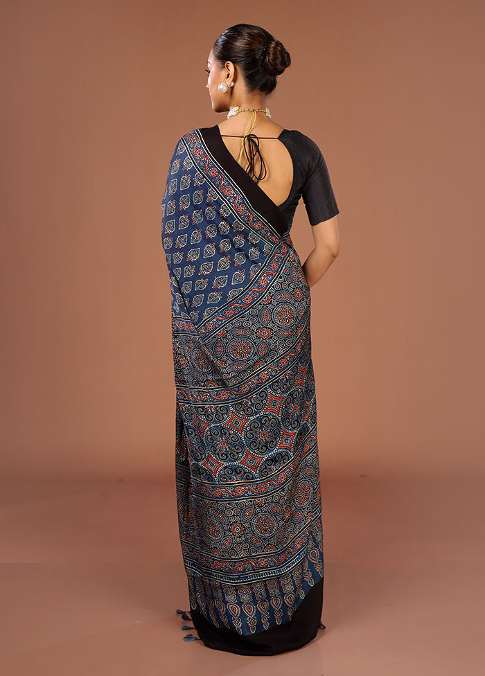 Blue Printed Pure Silk Saree Without Blouse Piece