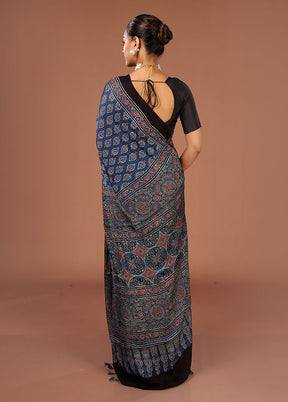 Blue Printed Pure Silk Saree Without Blouse Piece