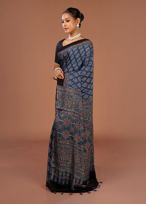 Blue Printed Pure Silk Saree Without Blouse Piece