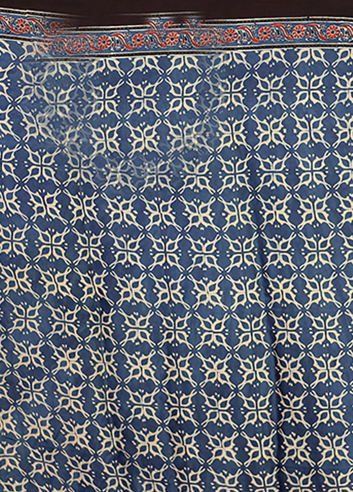 Blue Printed Pure Silk Saree Without Blouse Piece