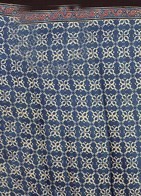 Blue Printed Pure Silk Saree Without Blouse Piece