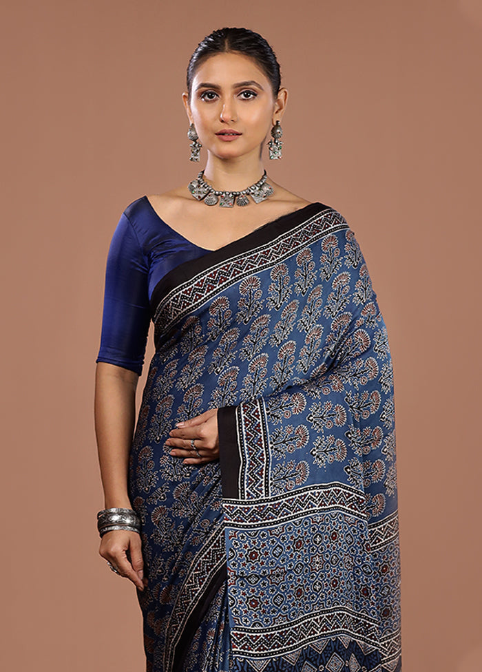 Blue Printed Pure Silk Saree Without Blouse Piece