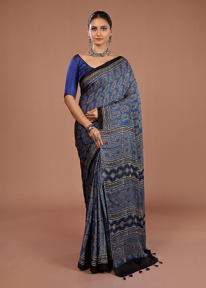 Blue Printed Pure Silk Saree Without Blouse Piece