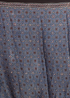 Blue Printed Pure Silk Saree Without Blouse Piece