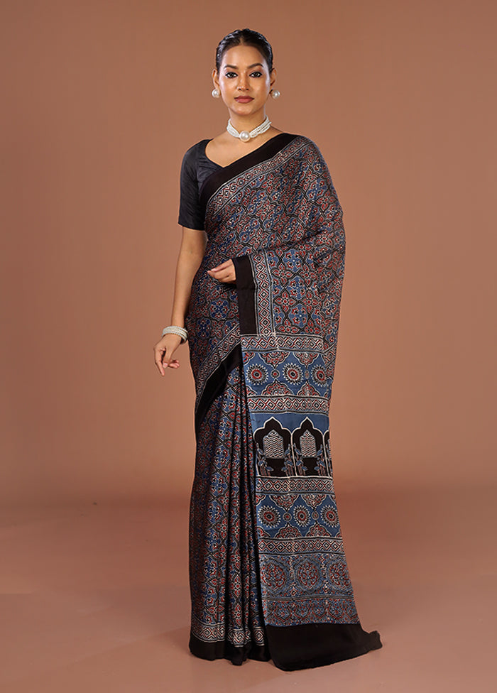 Blue Printed Pure Silk Saree Without Blouse Piece