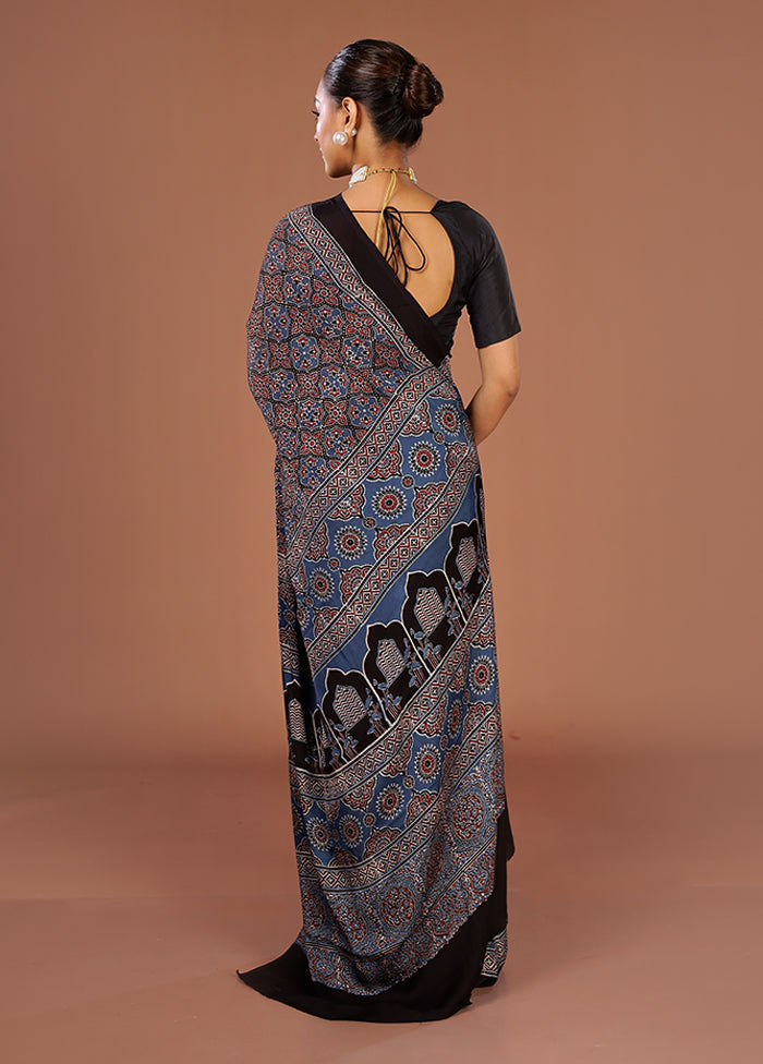 Blue Printed Pure Silk Saree Without Blouse Piece