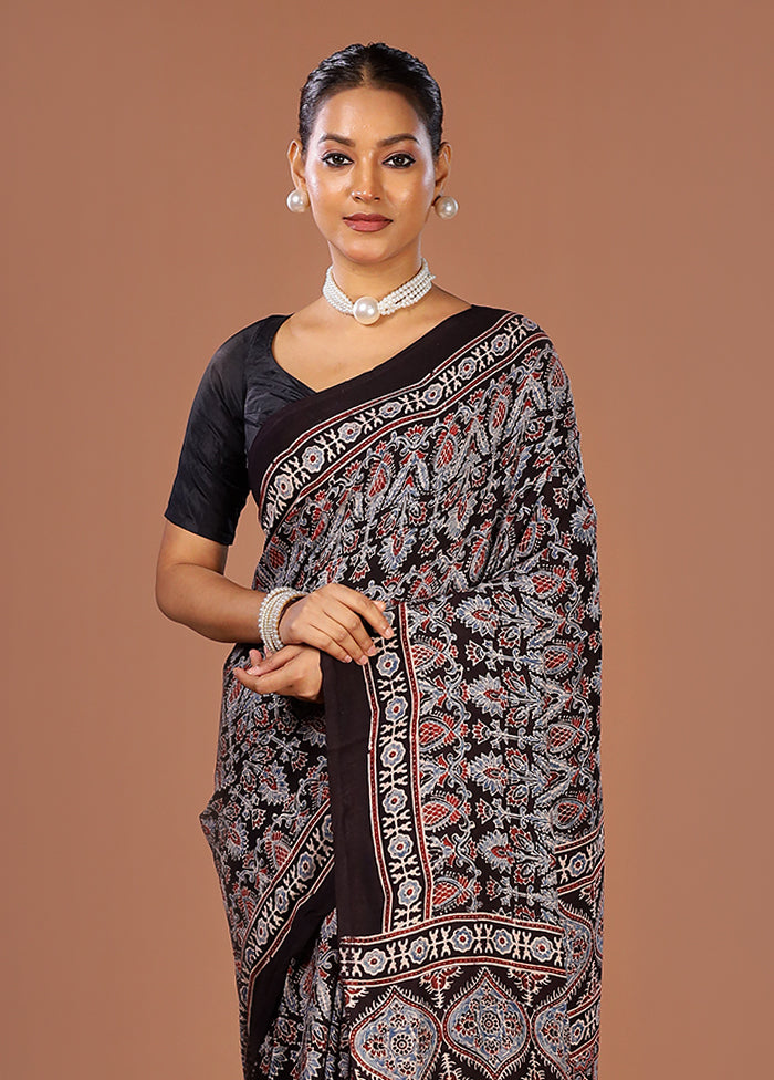 Black Printed Pure Silk Saree Without Blouse Piece