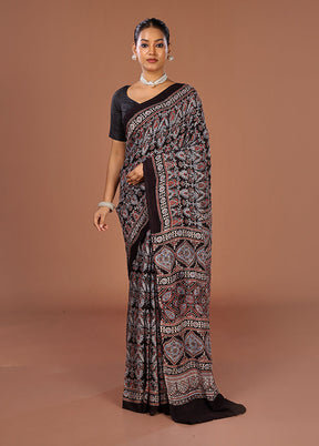 Black Printed Pure Silk Saree Without Blouse Piece