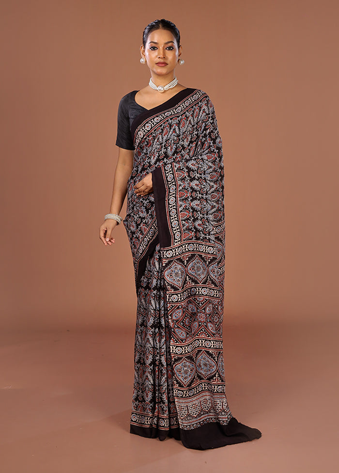 Black Printed Pure Silk Saree Without Blouse Piece