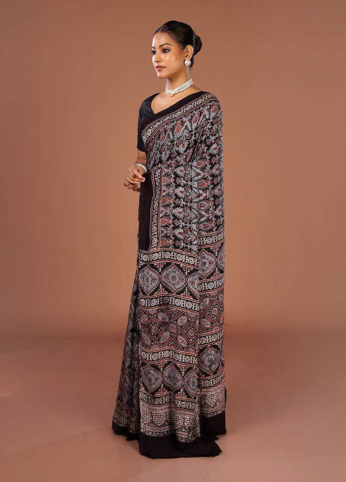 Black Printed Pure Silk Saree Without Blouse Piece