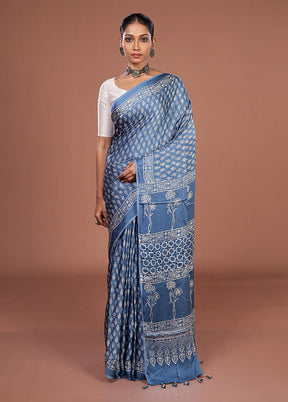 Blue Printed Pure Silk Saree Without Blouse Piece