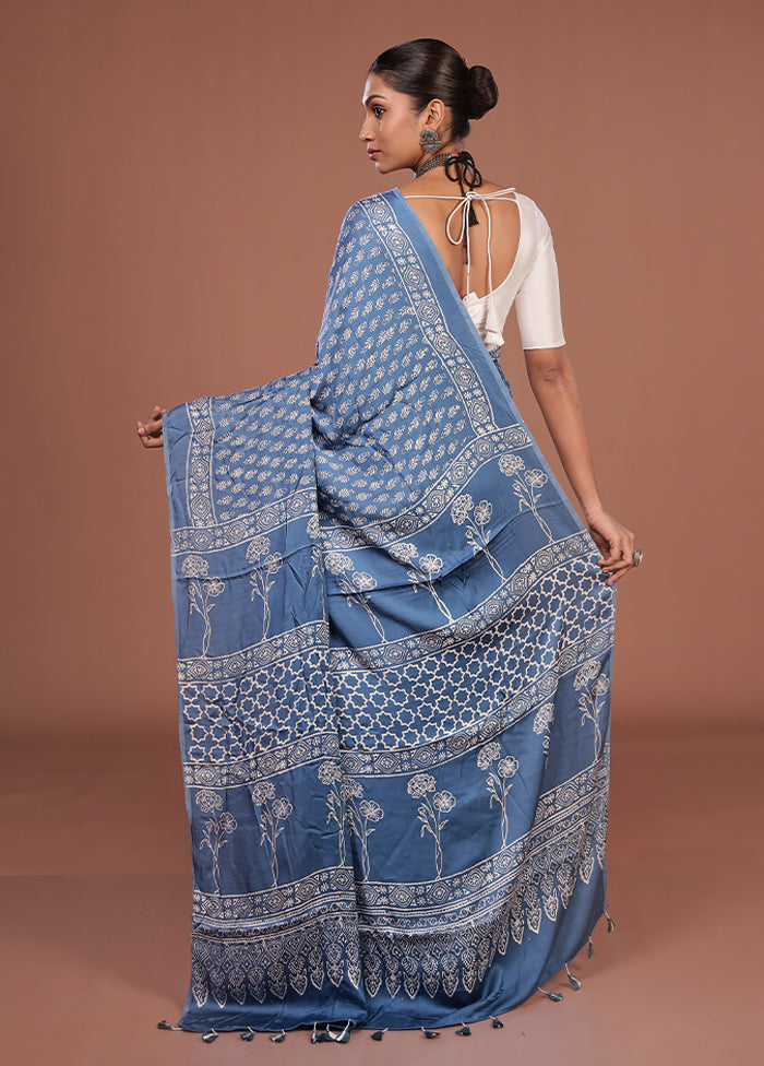 Blue Printed Pure Silk Saree Without Blouse Piece