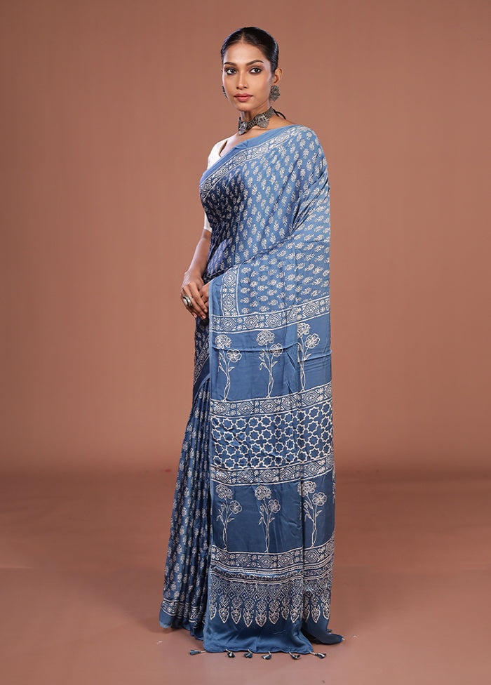 Blue Printed Pure Silk Saree Without Blouse Piece
