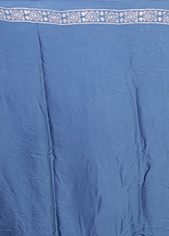 Blue Printed Pure Silk Saree Without Blouse Piece