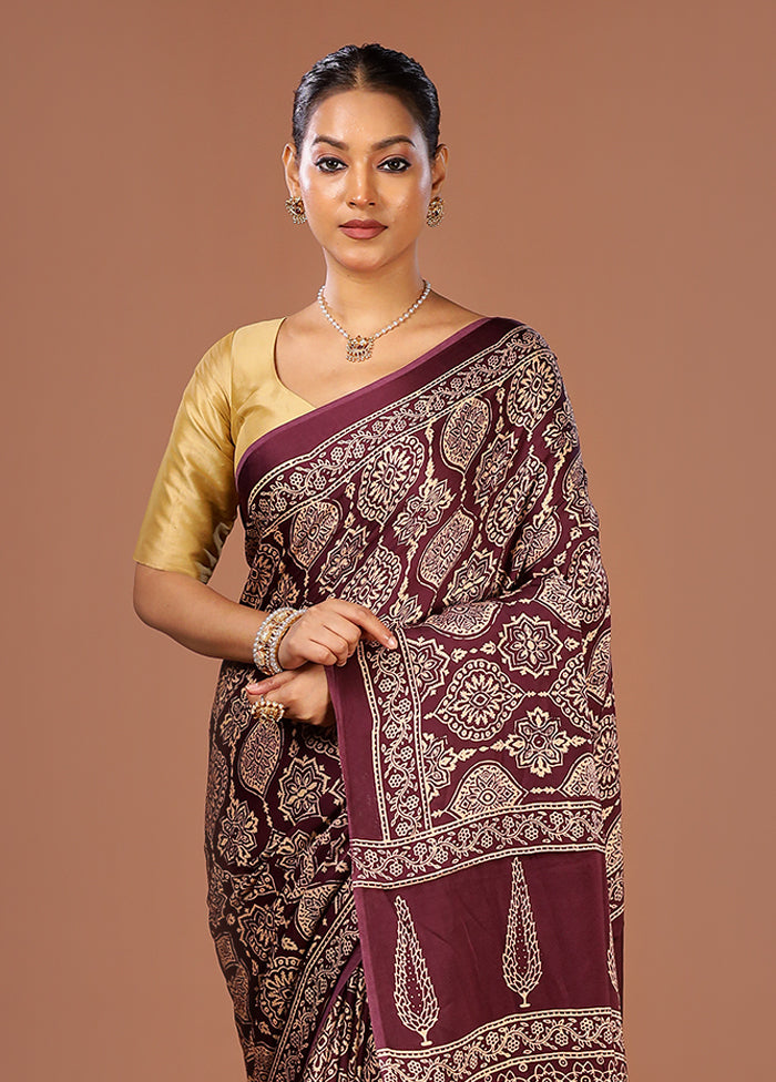 Purple Printed Pure Silk Saree Without Blouse Piece