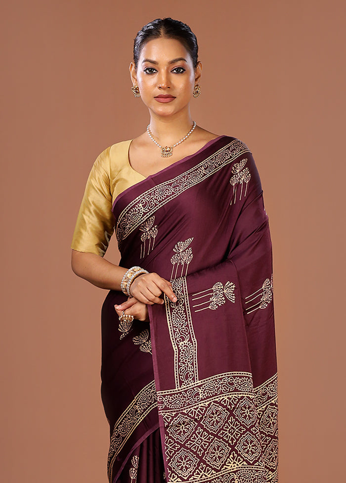 Purple Printed Pure Silk Saree Without Blouse Piece
