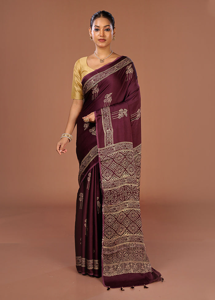 Purple Printed Pure Silk Saree Without Blouse Piece