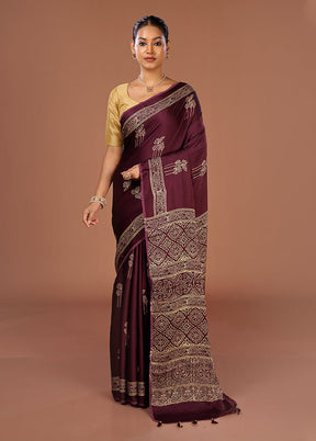 Purple Printed Pure Silk Saree Without Blouse Piece