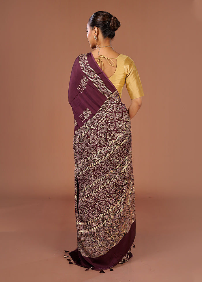 Purple Printed Pure Silk Saree Without Blouse Piece