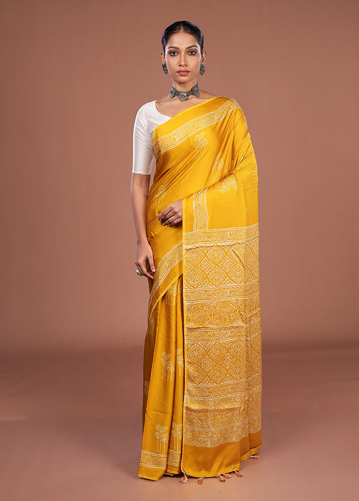 Yellow Printed Pure Silk Saree Without Blouse Piece