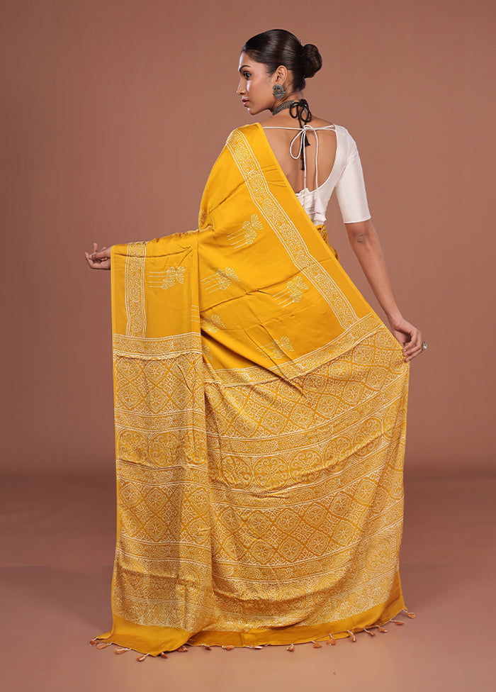 Yellow Printed Pure Silk Saree Without Blouse Piece